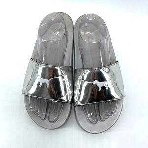 Victoria's Secret PINK Silver Metallic Slide Sandals Women Sz 10.5 / 11 Dog Logo